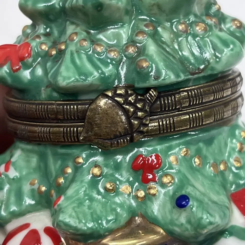 Christmas Tree Hinged Trinket Box Ceramic w/ Metal Closure Star Gifts